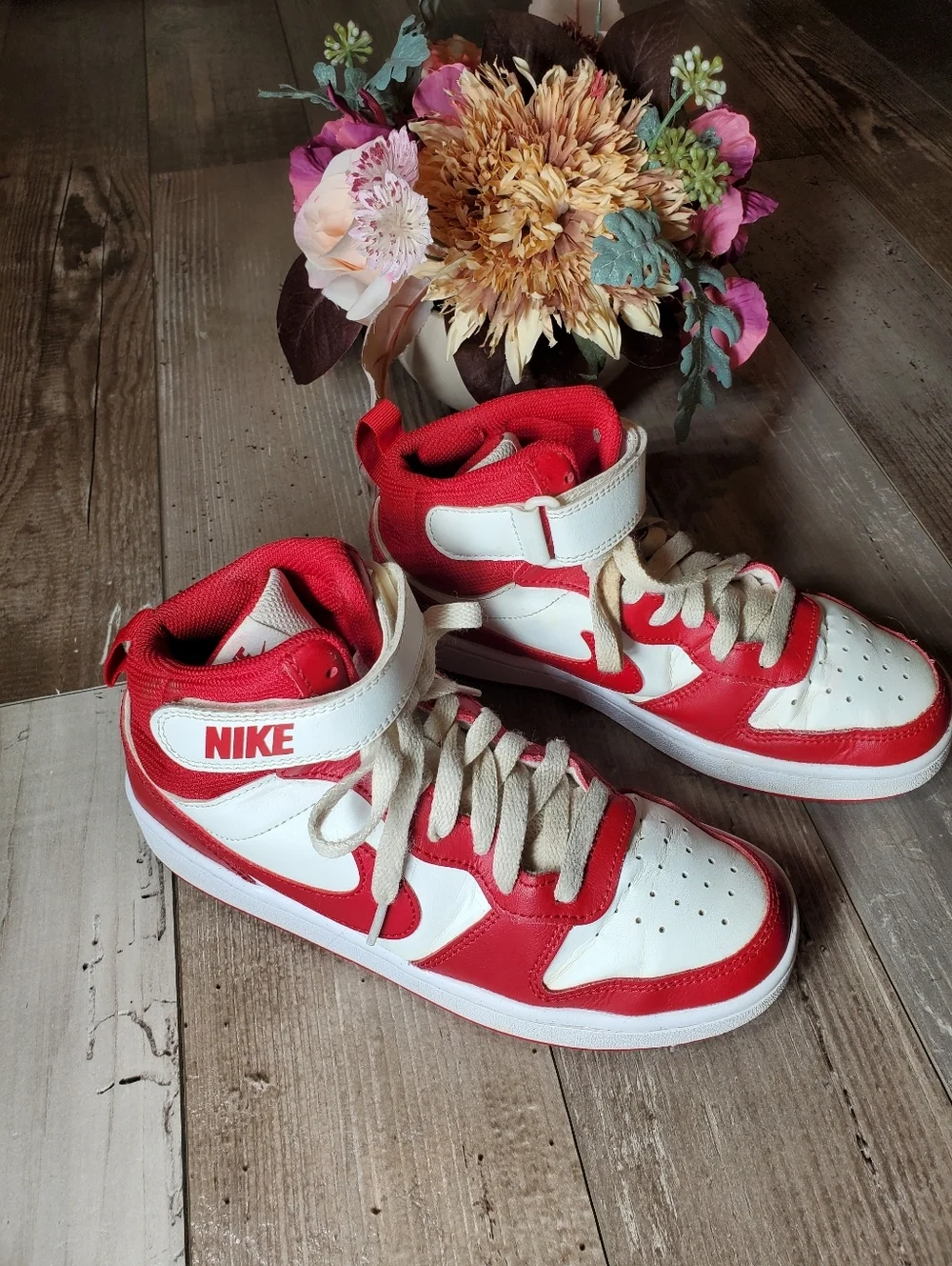 Nike Kids' Court Borough Mid 2 Red and White High-Top Sneakers Size 5Y Boy